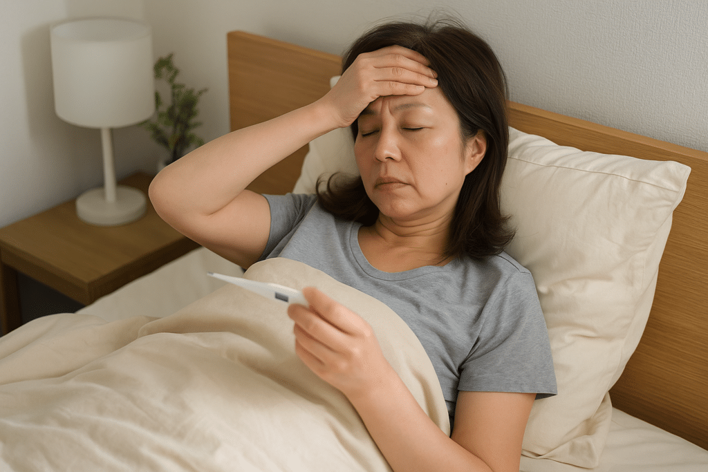 50-jarige Japanse vrouw ligt ziek in bed, hand op haar voorhoofd en een thermometer in de andere hand; ze ziet vermoeid en koortsig uit in een Nederlandse slaapkamersetting.