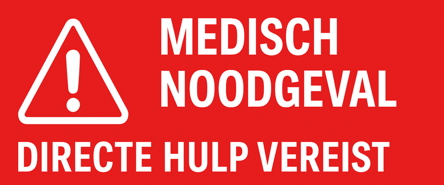 Rode waarschuwingsafbeelding met alarmicoon en de tekst “Medisch noodgeval – directe hulp vereist”, gebruikt om acute en levensbedreigende medische situaties te markeren.