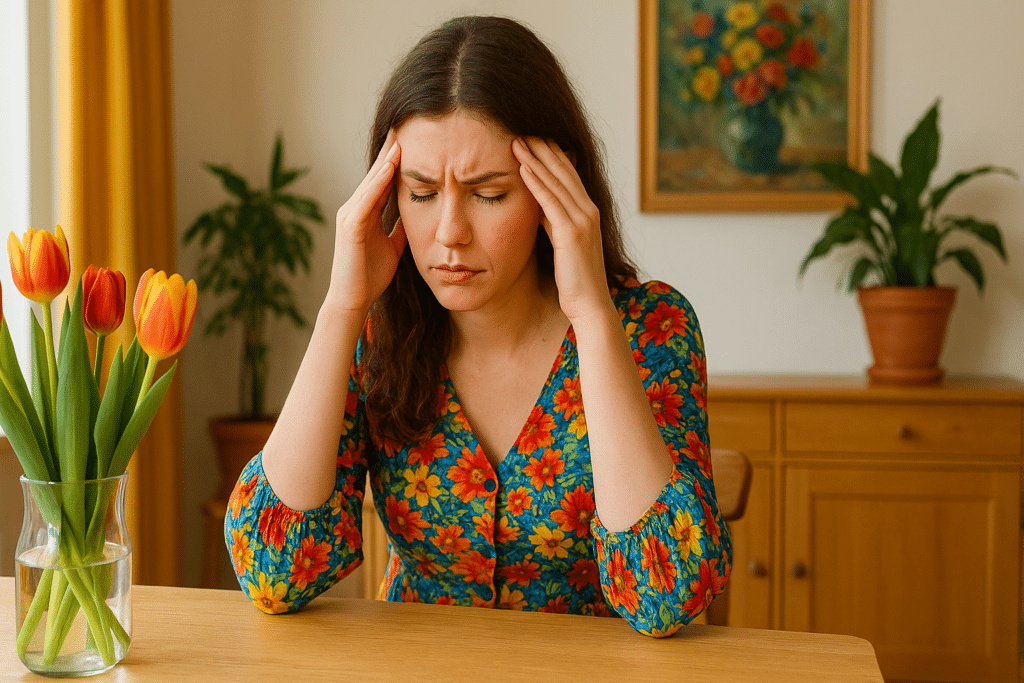 Vrouw met hoofdpijn aan de eettafel in een Nederlandse woning, passend bij overdruksyndroom en verhoogde hersendruk.