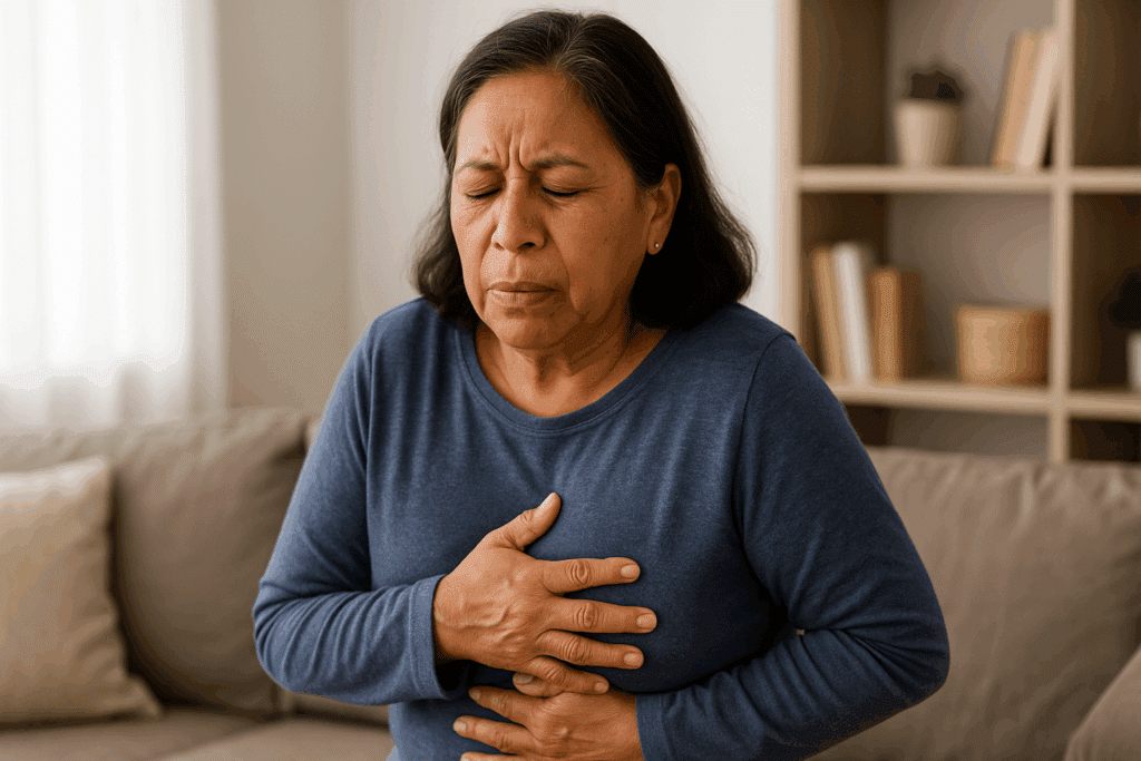 60-jarige Peruaanse vrouw in Nederlandse woonkamer, met gesloten ogen en een hand op haar bovenbuik door misselijkheid.