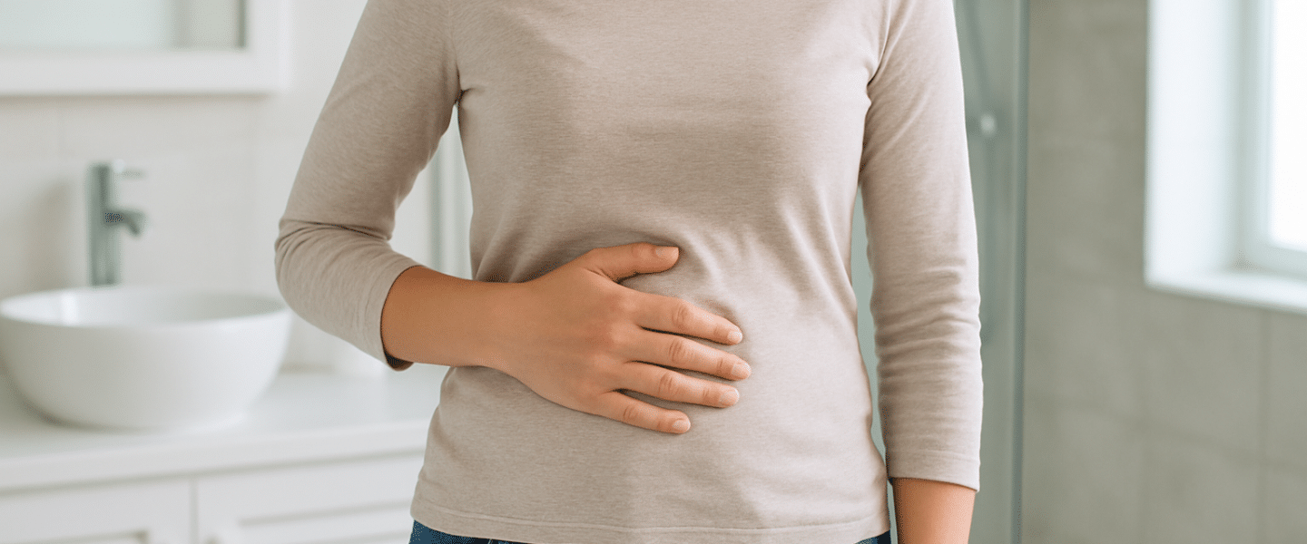 Vrouw in een frisse, moderne badkamer die haar hand op haar opgezette buik houdt.