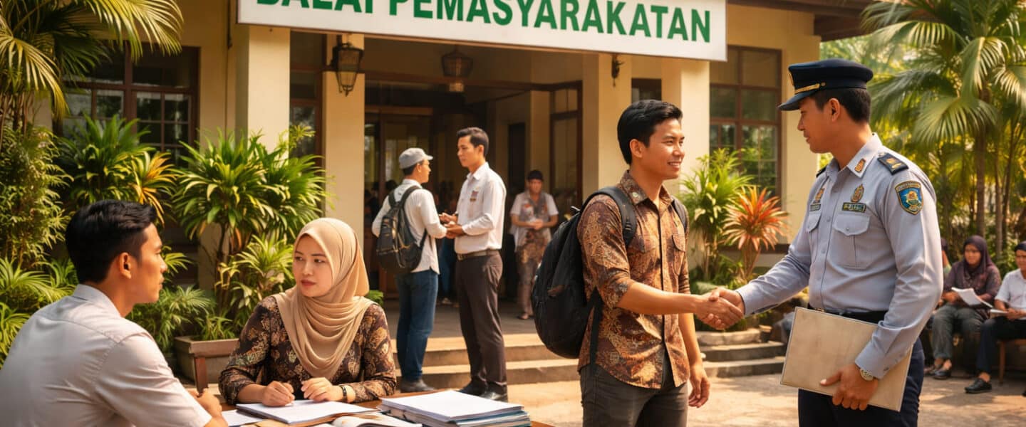 Fotografisch beeld van een Indonesische stedelijke omgeving met een institutionele en maatschappelijke sfeer, passend bij een artikel over de geschiedenis en ontwikkeling van reclassering en maatschappelijke re-integratie in Indonesië.