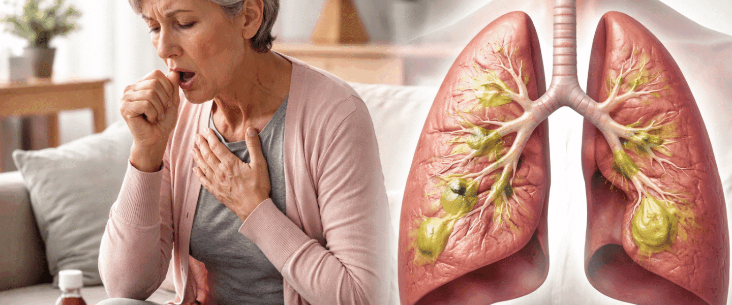 Vrouw met reutelende ademhaling en hoestklachten, zittend in de woonkamer, passend bij slijmophoping in de luchtwegen