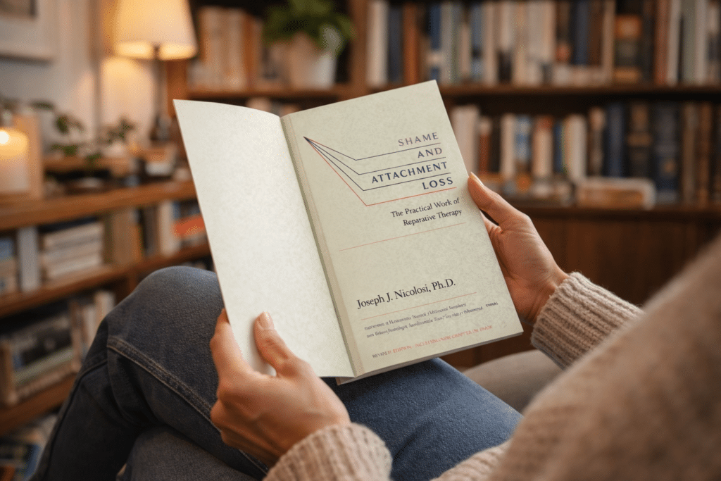 Persoon die in een Nederlandse huiskamer het boek Shame and Attachment Loss van Joseph Nicolosi leest, met boekenkast op de achtergrond.