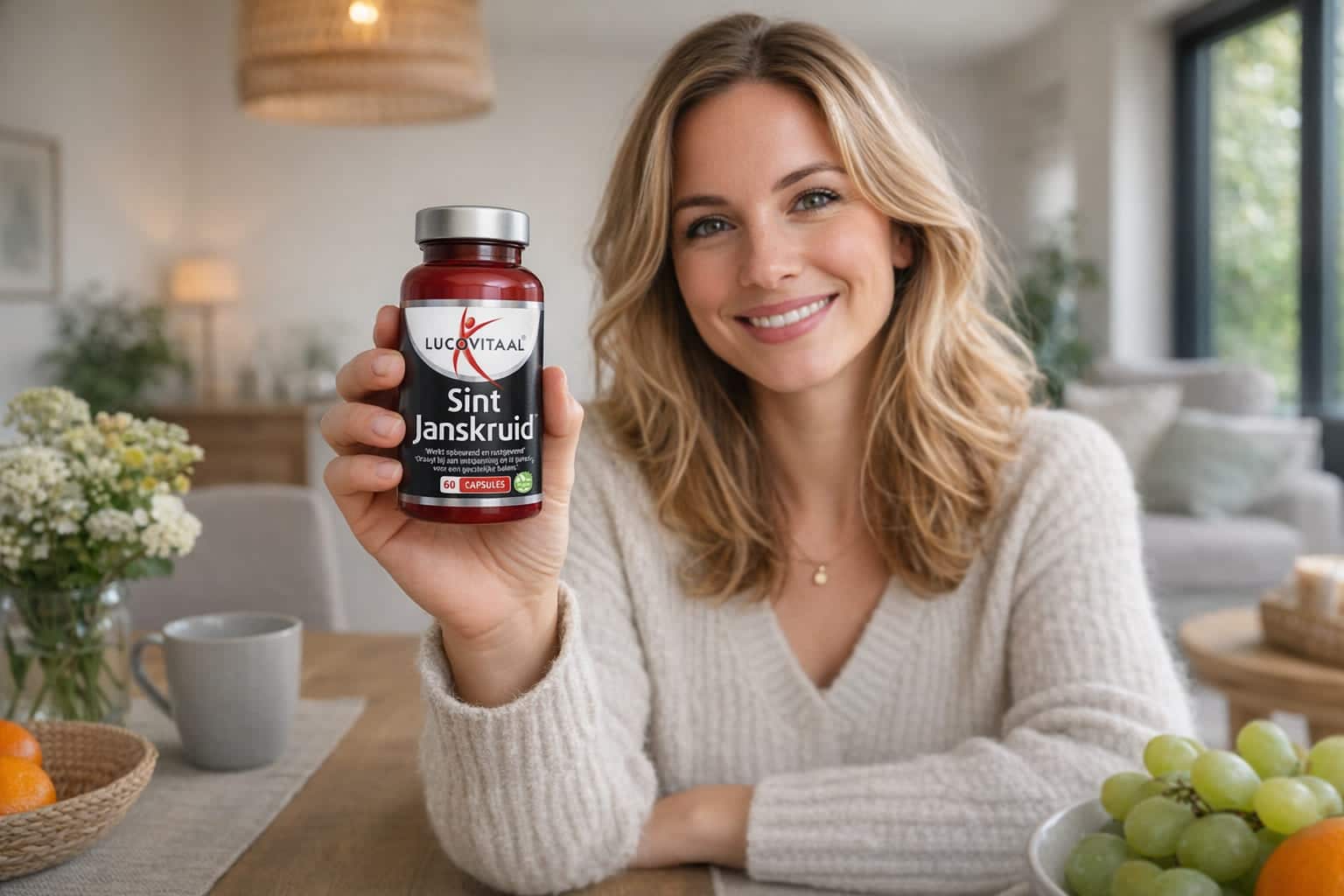 een vrouw houdt het supplement vast aan de eettafel, passend bij dagelijks gebruik en mentale balans. /