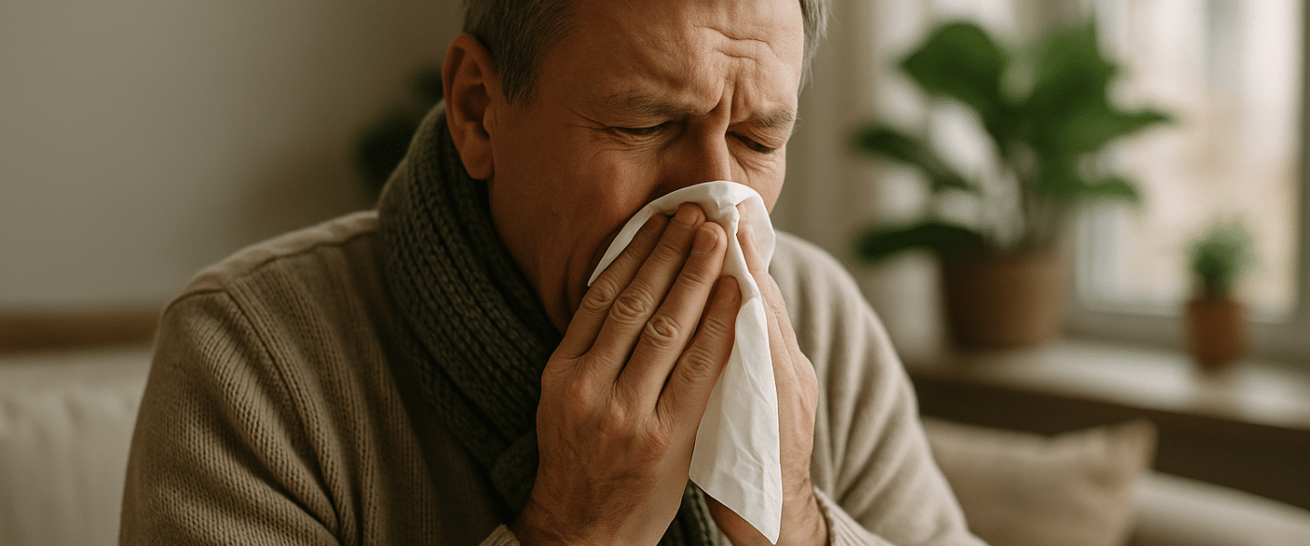 Oudere man met verkoudheidsklachten die binnen op de bank zit en in een tissue niest; warme kleding en zachte achtergrond benadrukken het gevoel van griep en malaise.