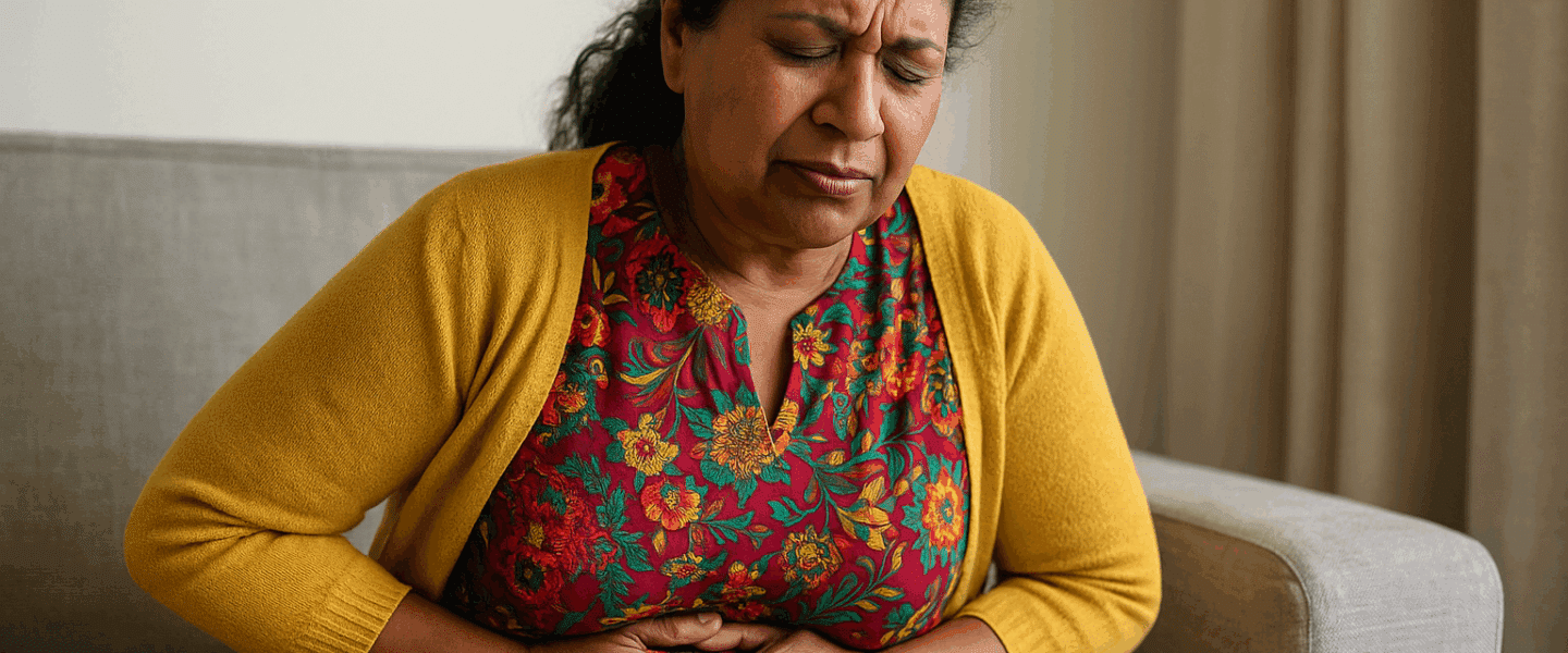 Vrouw van circa 55 jaar van Surinaamse afkomst die met haar handen op de buik zit vanwege buikpijn, zittend op een bank in kleurrijke kleding.