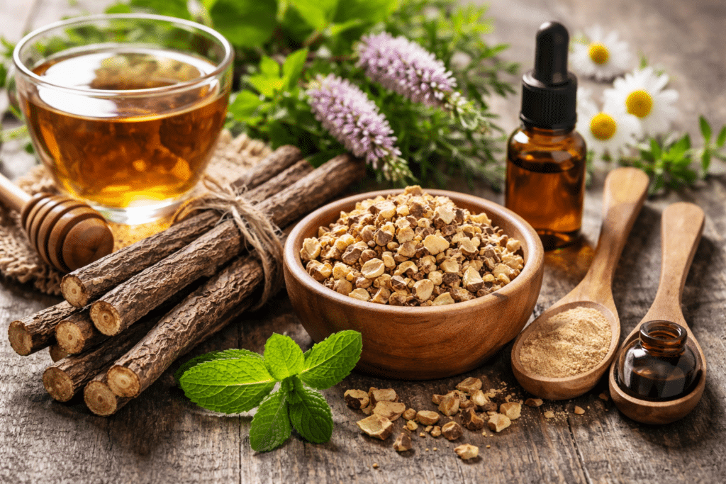 Zoethoutwortel als thee en kruid, met gesneden wortel en extract, gebruikt in de kruidengeneeskunde bij hoest en maagklachten.