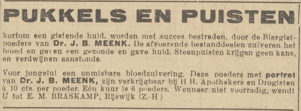 Krantenadvertentie uit 1931 waarin biergistpoeder van Dr. J.B. Meenk wordt aangeprezen tegen pukkels en puisten.