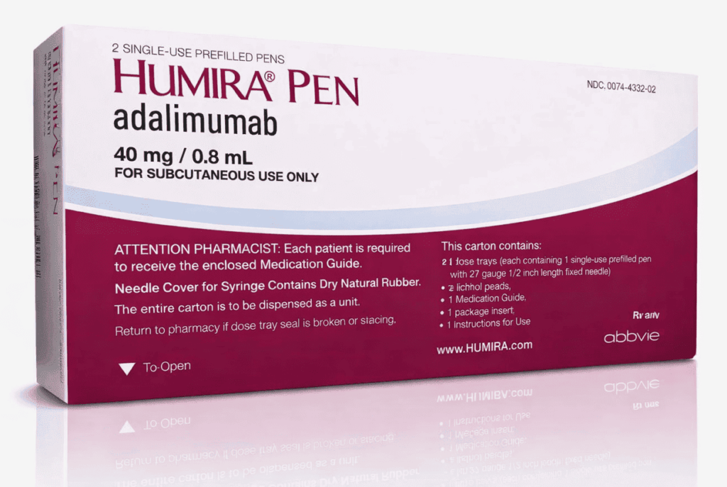 Verpakking van adalimumab (Humira) zonder injectiepen, een biologische TNF-remmer die wordt gebruikt bij ontstekingsziekten zoals het PAPA-syndroom en de ziekte van Crohn.