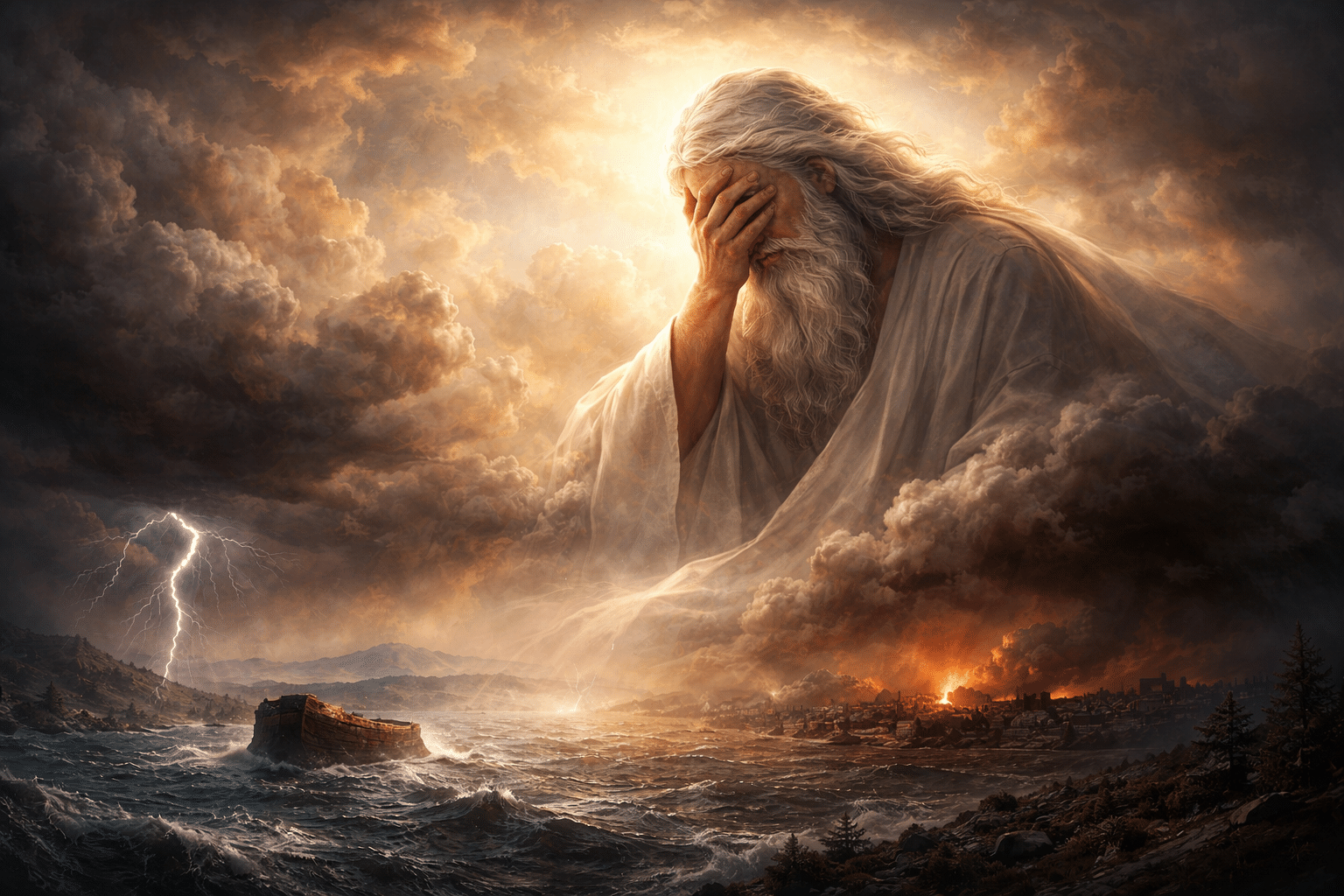 Artistieke afbeelding die Gods verdriet over de zonde verbeeldt, met stormwolken en een onrustige wereld als symbool voor moreel verval.