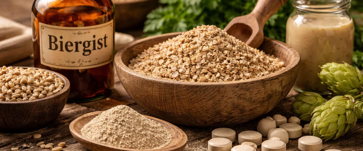 De afbeelding toont verschillende vormen van biergist (brouwersgist), een essentieel ingrediënt voor het brouwen van bier. Het wordt gebruikt om suikers uit mout om te zetten in alcohol.