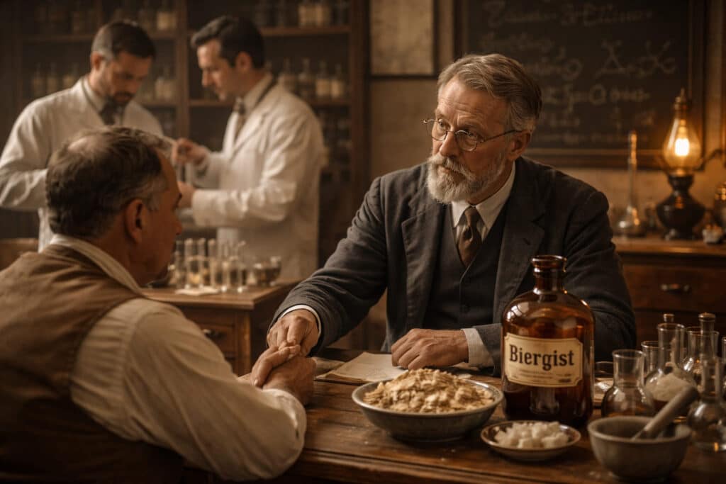 Historische arts onderzoekt patiënt rond 1900 in een dokterskamer met biergist op tafel als mogelijke behandeling tegen suikerziekte.