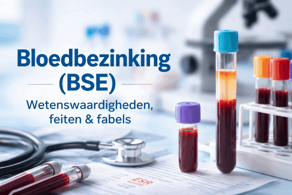 Headerafbeelding met bloedbuisjes en labomgeving, met titel “Bloedbezinking (BSE) – Wetenswaardigheden, feiten & fabels”.