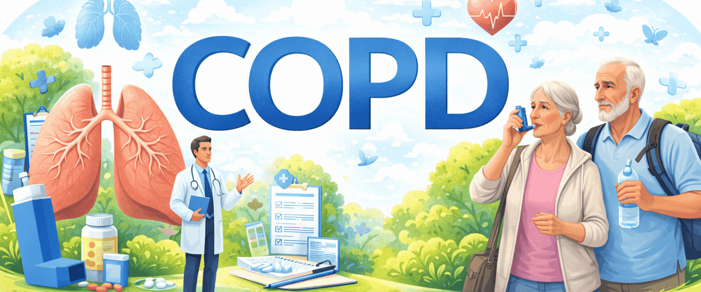Sfeervolle header-illustratie die laat zien dat COPD draait om zorg, behandeling en dagelijks leven, met aandacht voor beweging, begeleiding en eigen regie.