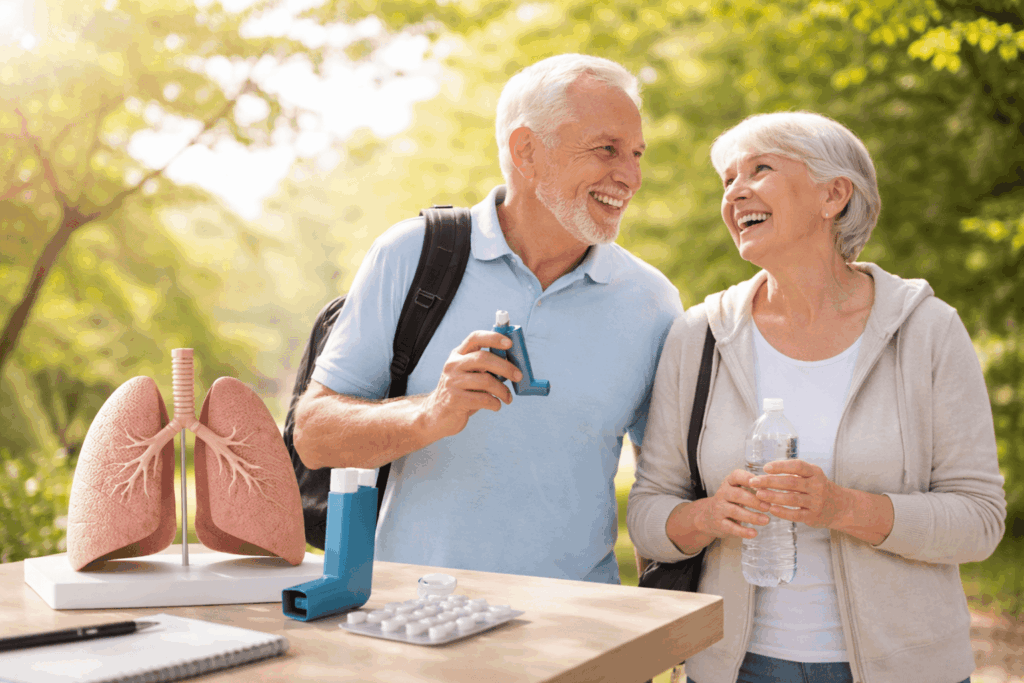 Ouder echtpaar wandelt in een groen park, man houdt een inhalator vast en beiden lachen, met op de voorgrond een model van gezonde longen en medicatie op tafel.