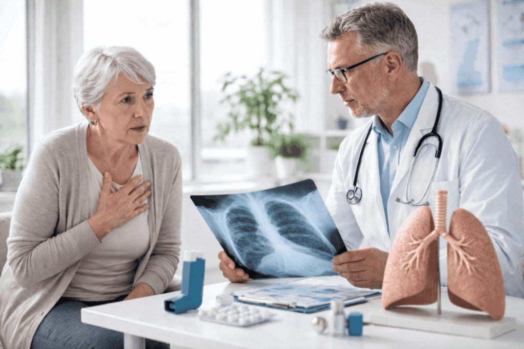 Oudere vrouw met COPD in gesprek met longarts tijdens consult, terwijl de arts een longfoto bekijkt en een longmodel op tafel staat.