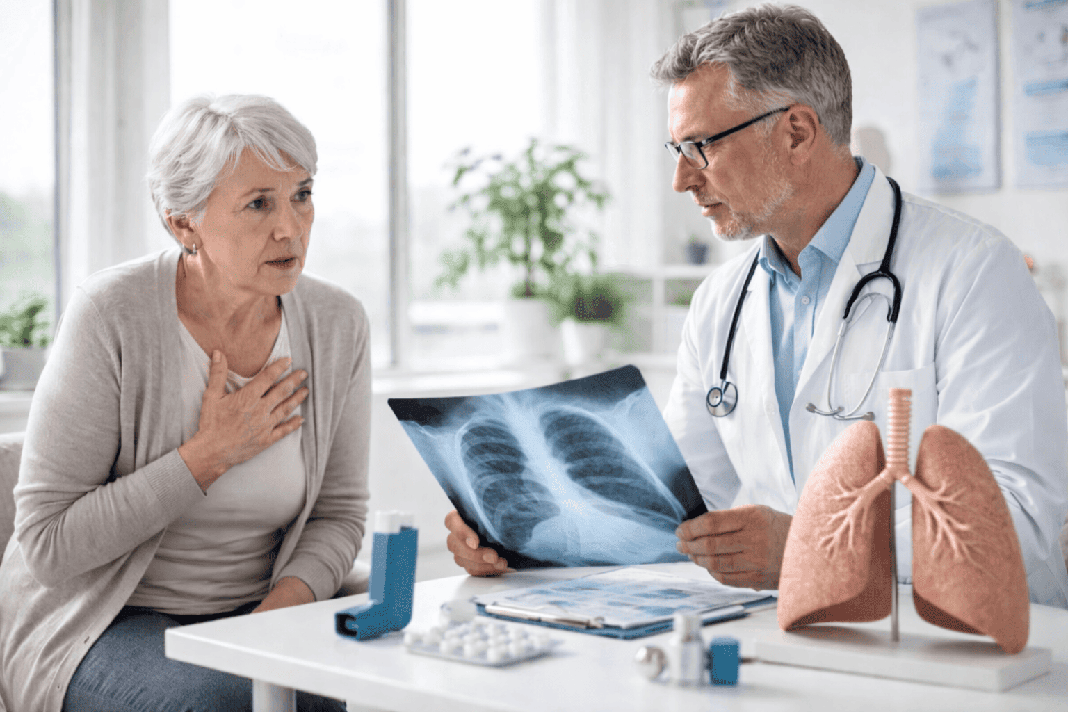 Oudere vrouw met COPD in gesprek met longarts tijdens consult, terwijl de arts een longfoto bekijkt en een longmodel op tafel staat.