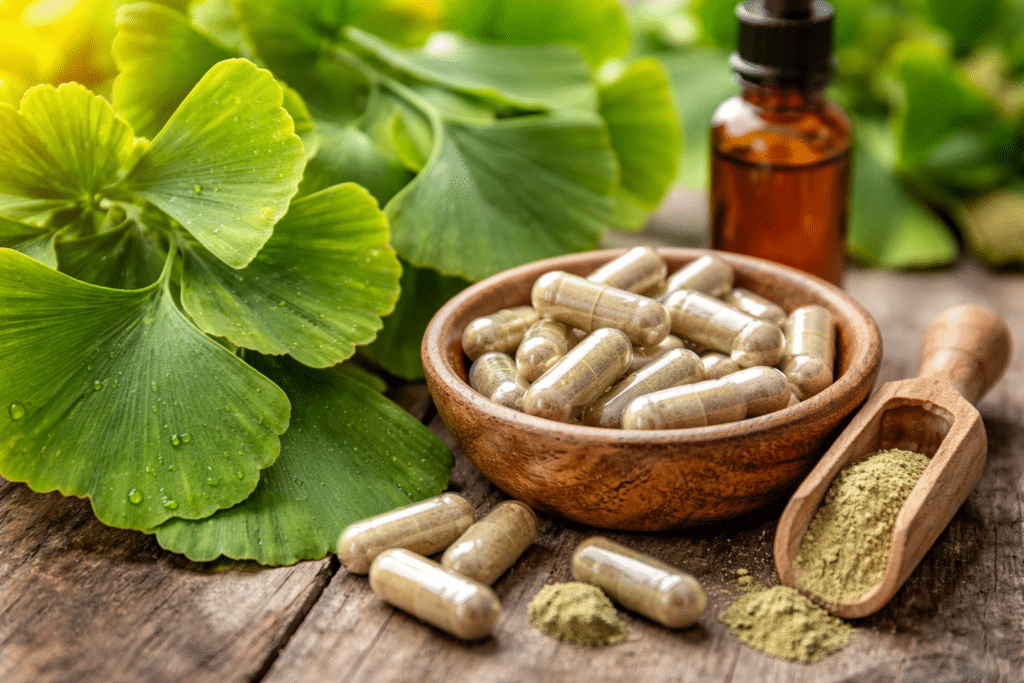 Ginkgo biloba bladeren met capsules en kruidenextract op houten ondergrond