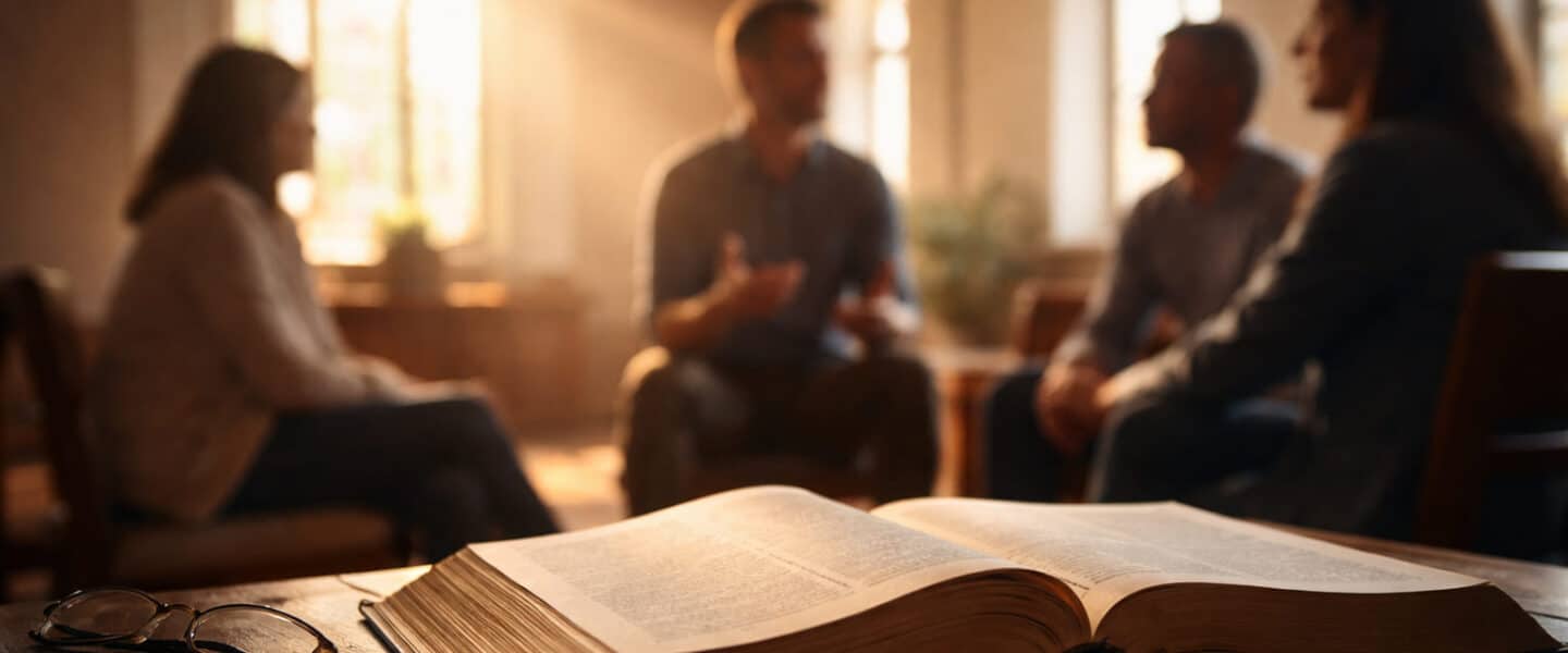 Open Bijbel op een houten tafel met op de achtergrond mensen in gesprek in een kerkruimte, symbool voor Gods Woord dat via mensen wordt doorgegeven.