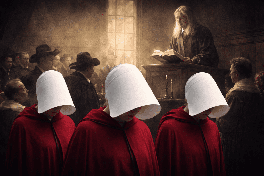 Drie vrouwen in rode gewaden met witte kappen staan voor een Puriteinse kerkdienst uit de 17e eeuw, met een predikant die uit de Bijbel leest