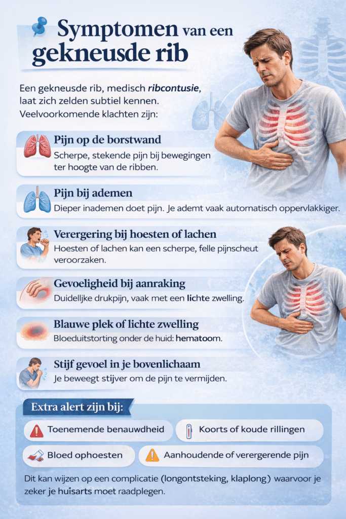 Infographic met de meest voorkomende symptomen van een gekneusde rib en signalen waarbij je alert moet zijn.