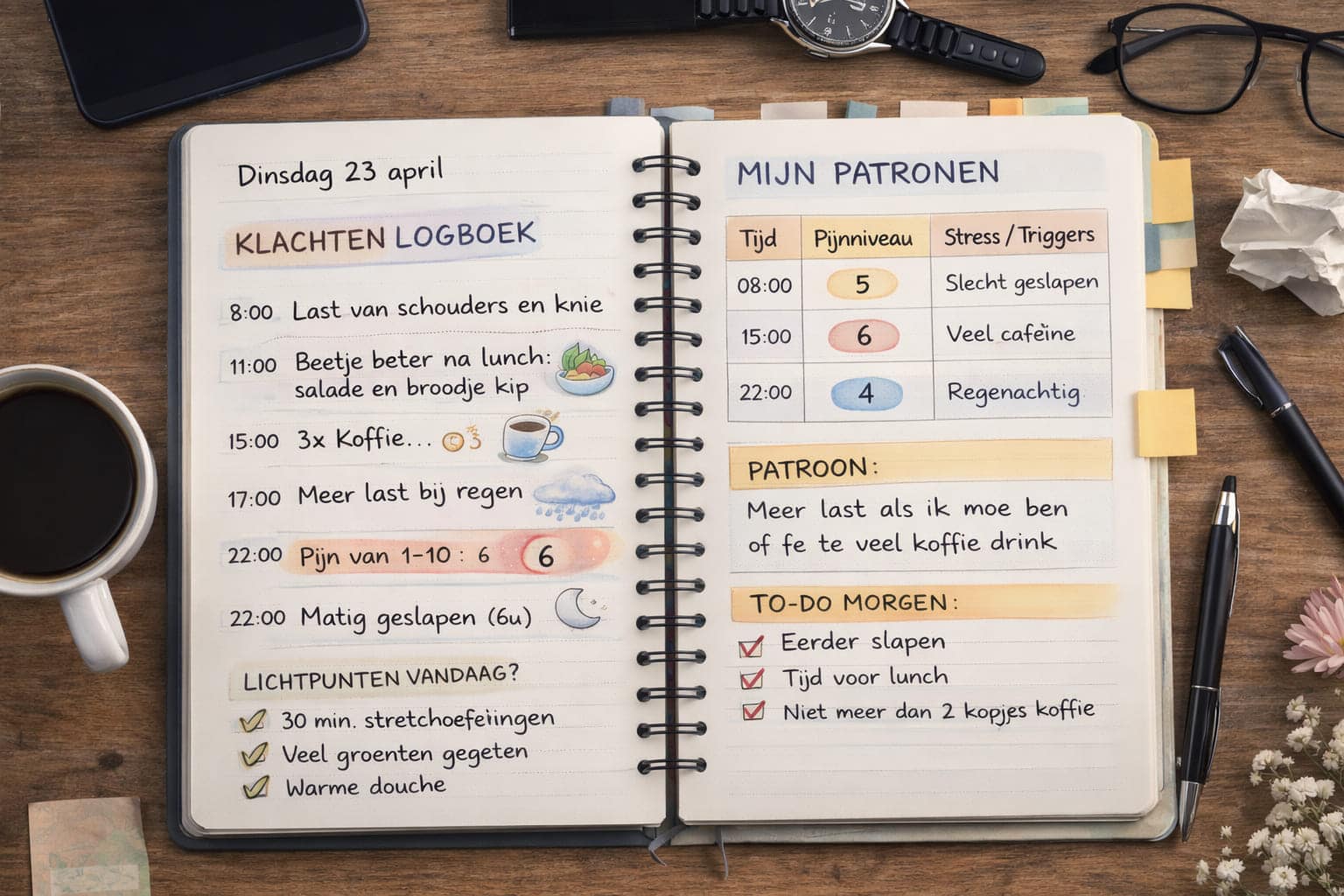 Open notitieboek op een houten bureau met handgeschreven klachtenlogboek over gewrichtspijn, inclusief pijnscores, triggers zoals cafeïne en slaaptekort, en herstelmomenten.