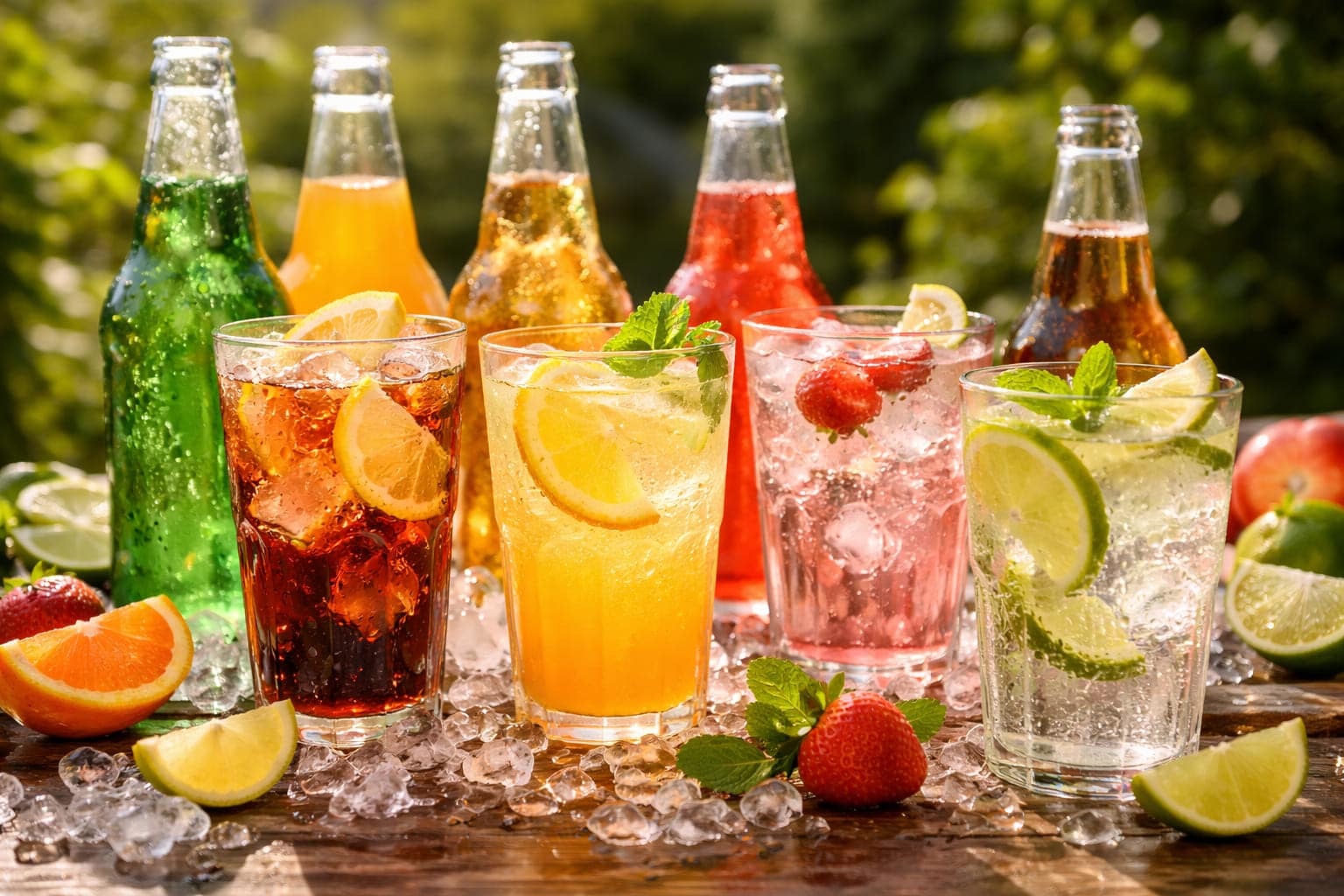 De afbeelding toont een selectie van verfrissende drankjes, zoals cocktails of mocktails, geserveerd in glazen met veel ijsblokjes, fruit en garnering.