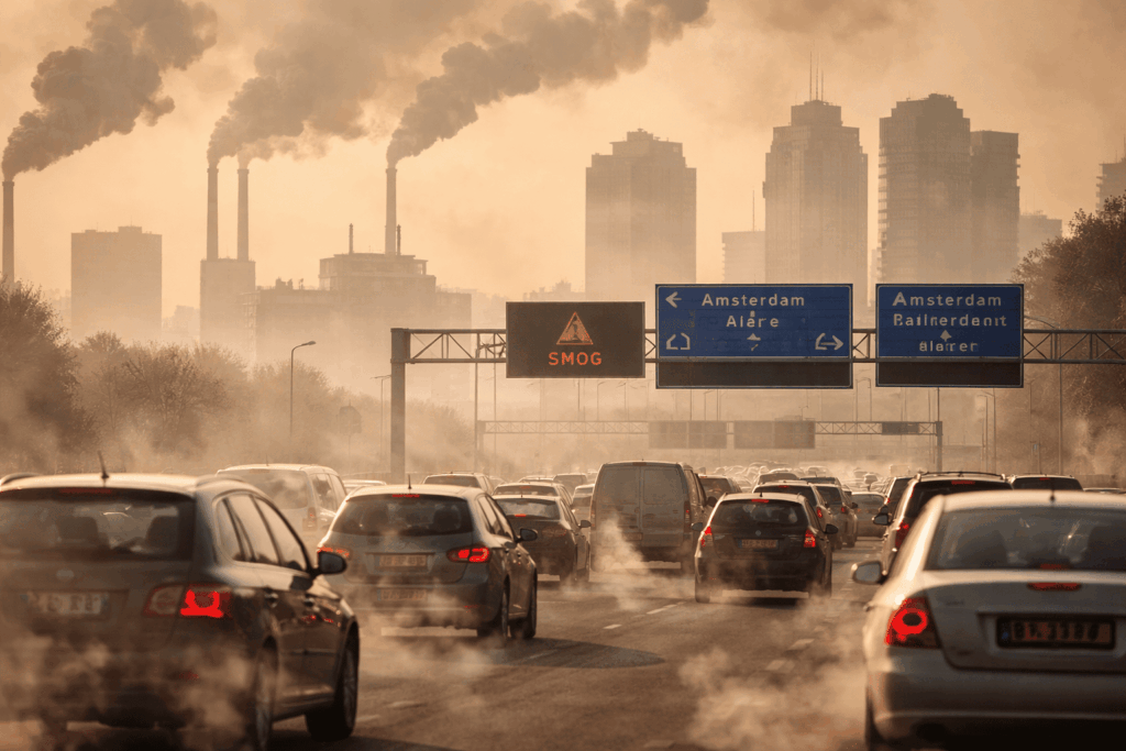 Realistische foto van druk verkeer op een Nederlandse snelweg met uitlaatgassen en smog, op de achtergrond hoge gebouwen en industriële rookpluimen, als illustratie van luchtvervuiling in stedelijk gebied.