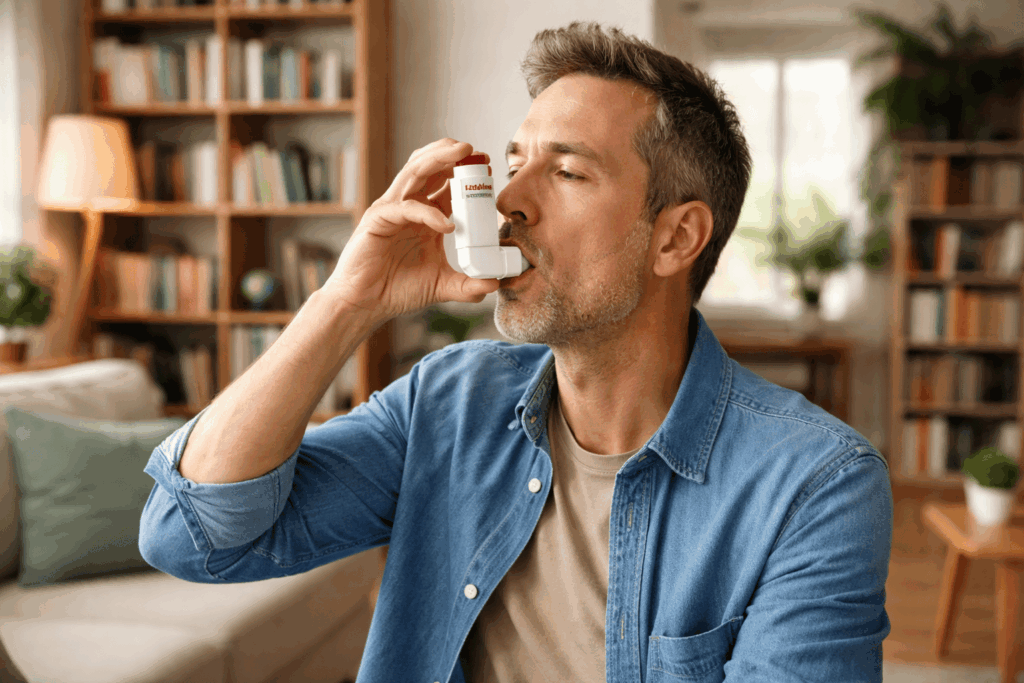 Een man inhaleert Trimbow in zijn eigen woonkamer, omringd door boeken. Een herkenbaar dagelijks moment bij het omgaan met COPD of ernstig astma.