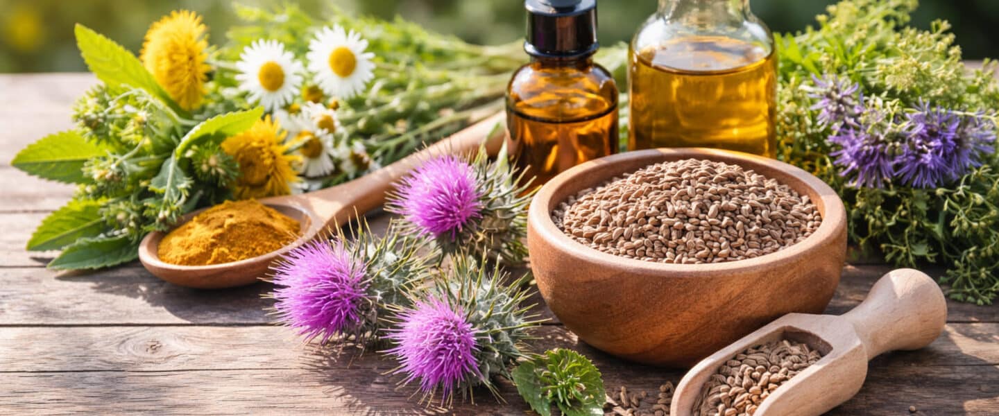 Mariadistelzaden en paarse mariadistelbloemen op een houten tafel, met kruiden en flesjes extract in natuurlijk daglicht