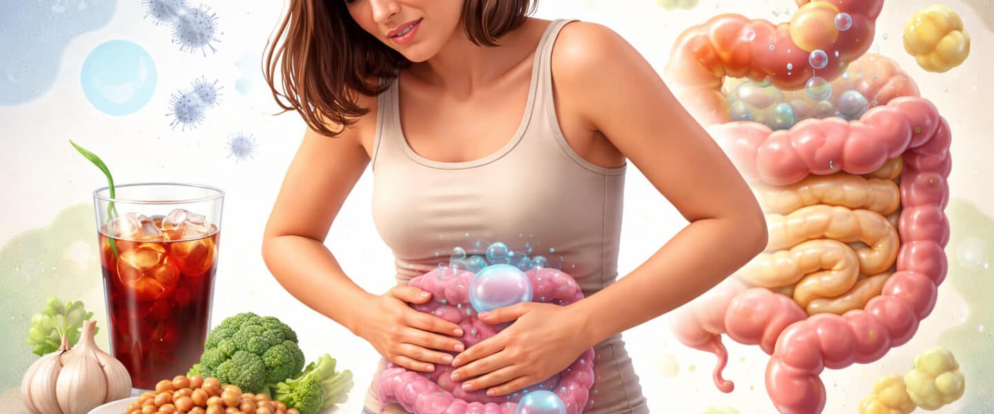 Vrouw met opgeblazen buik en buikpijn door gasvorming in de darmen (meteorisme)