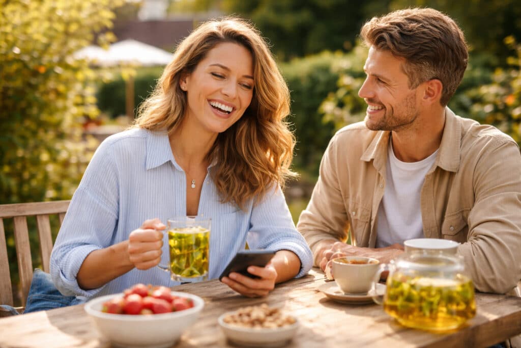 Man en vrouw in Nederlandse tuinsetting aan houten tuintafel, ontspannen sfeer rond eten en drinken