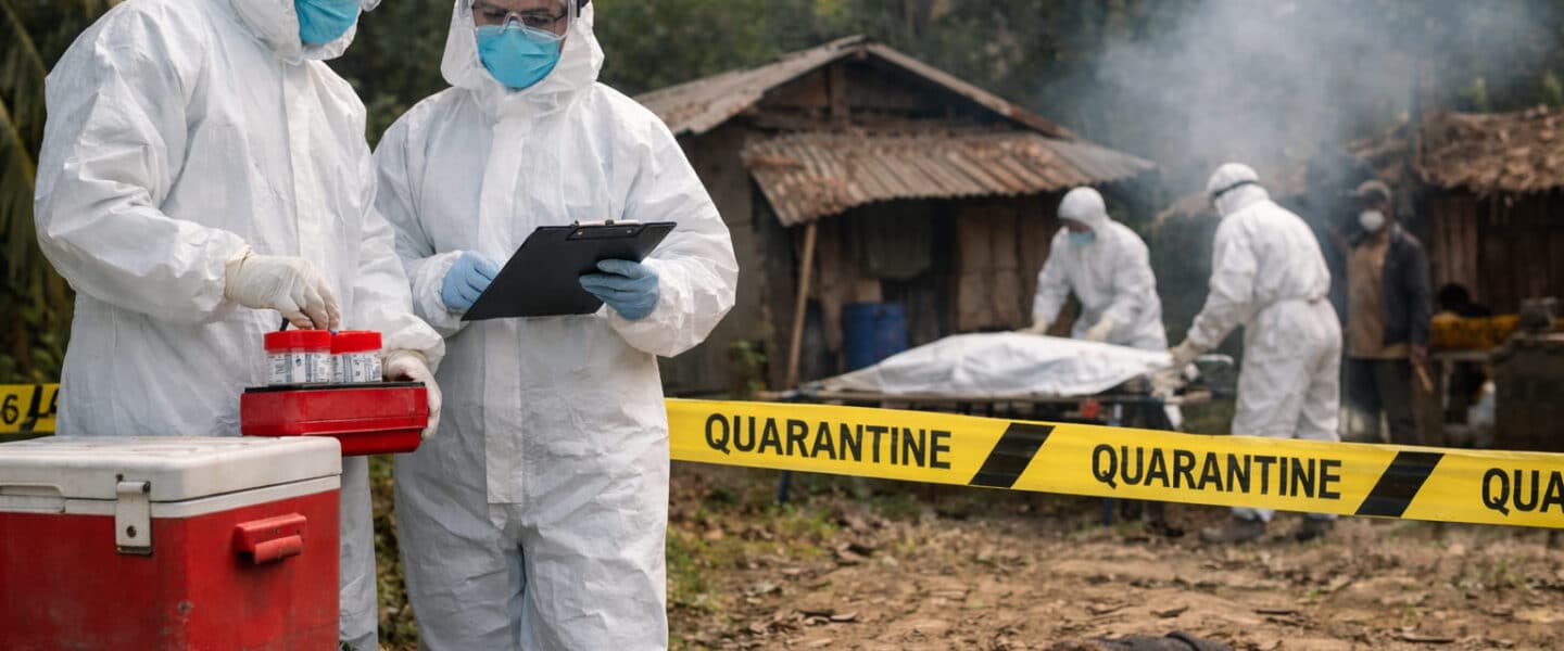 Gezondheidswerkers in beschermende pakken tijdens een uitbraak van het dodelijke Nipah-virus in een landelijk gebied, met quarantainezone en mogelijke besmettingsbron.