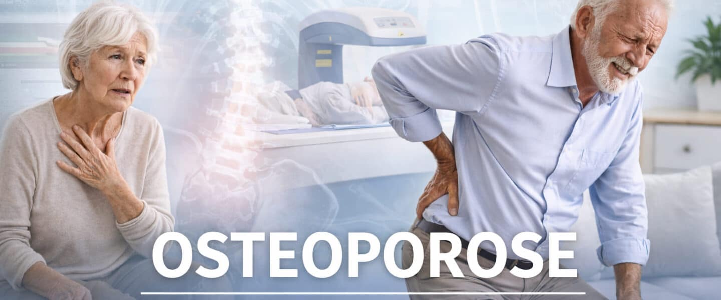 Headerafbeelding bij artikel over osteoporose: oudere man met rugpijn en vrouw bij arts, met DEXA-scan en wervelkolom op de achtergrond