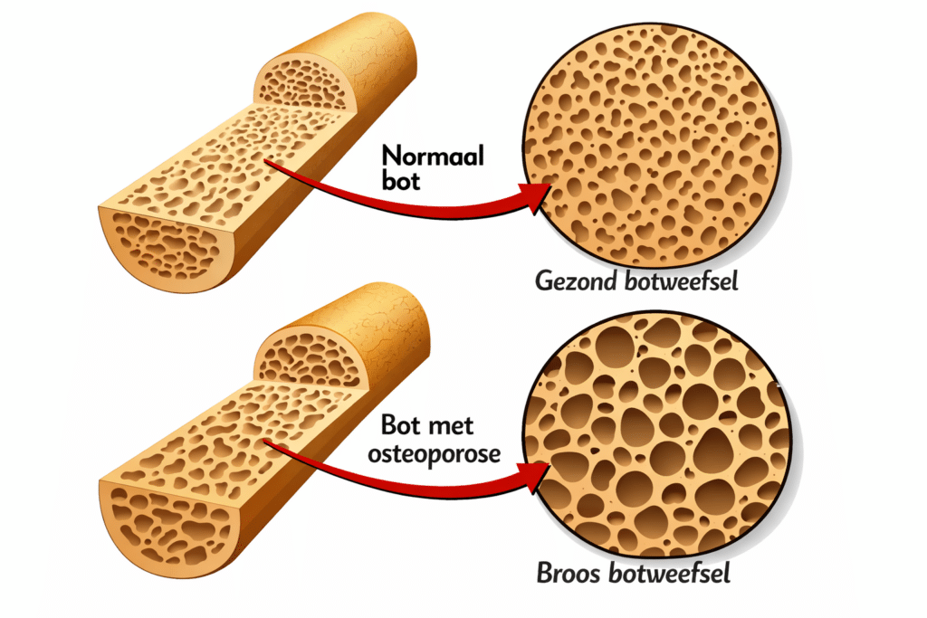 Vergelijking tussen normaal bot en bot met osteoporose: gezond botweefsel met kleine poriën tegenover broos botweefsel met grote openingen