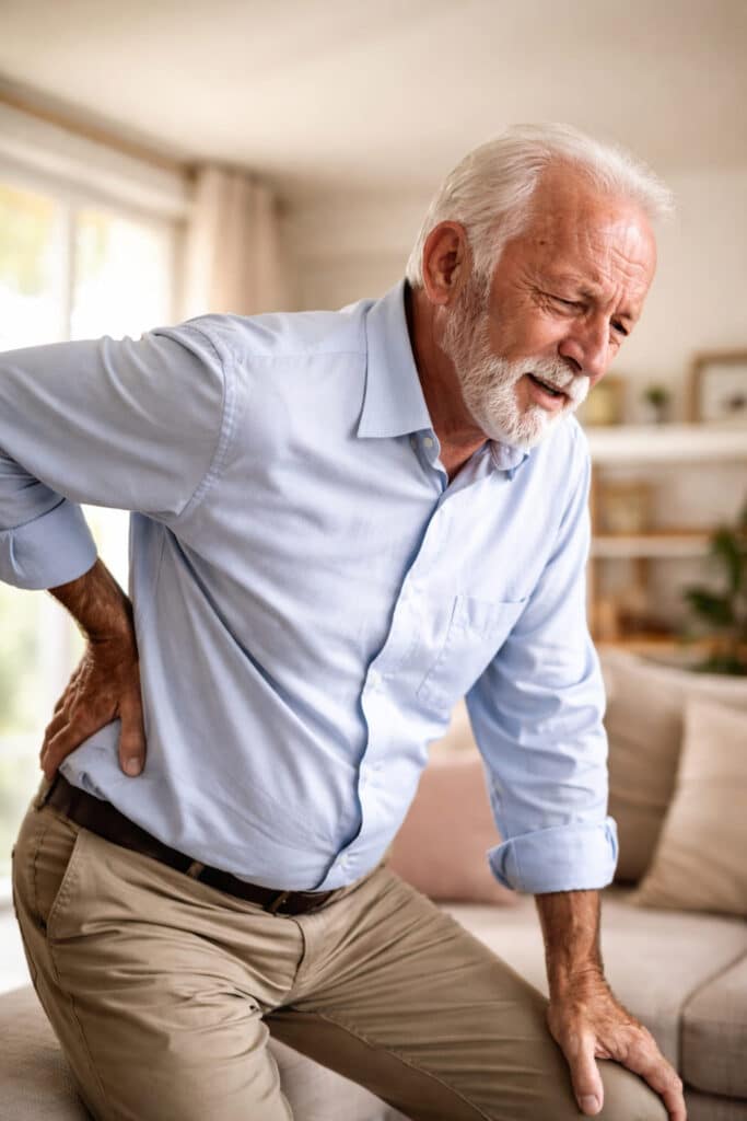 Oudere man met osteoporose die steun zoekt bij opstaan en zijn onderrug vasthoudt vanwege pijn