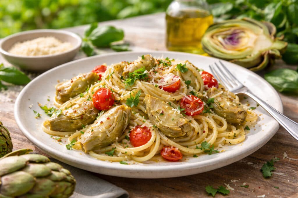 Bord spaghetti met artisjokstukken, cherrytomaat en kruiden op een zonnige buitentafel
