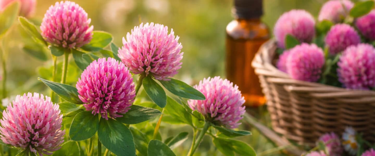 Rode klaver (Trifolium pratense) met roze bloemhoofden in een groene weide, gebruikt als geneeskrachtige plant.