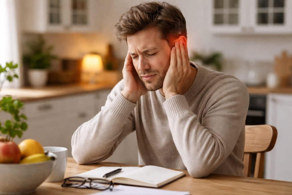 Vermoeide man zit aan de eettafel en houdt beide rood geworden oren vast in een rustige Nederlandse thuisomgeving.