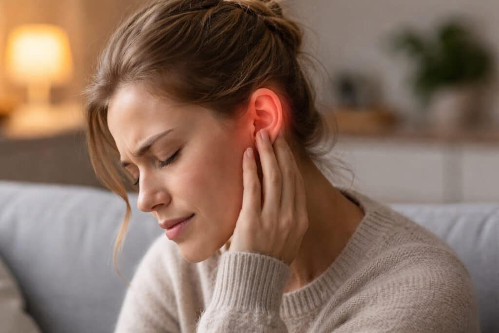 Vrouw met vermoeide uitstraling raakt haar rood en warm aanvoelende oor aan terwijl ze thuis op de bank zit.