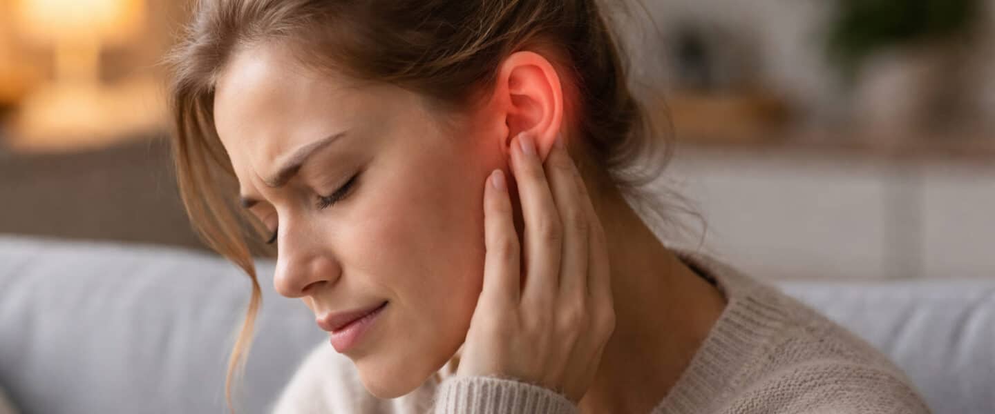 Vrouw met vermoeide uitstraling raakt haar rood en warm aanvoelende oor aan terwijl ze thuis op de bank zit.