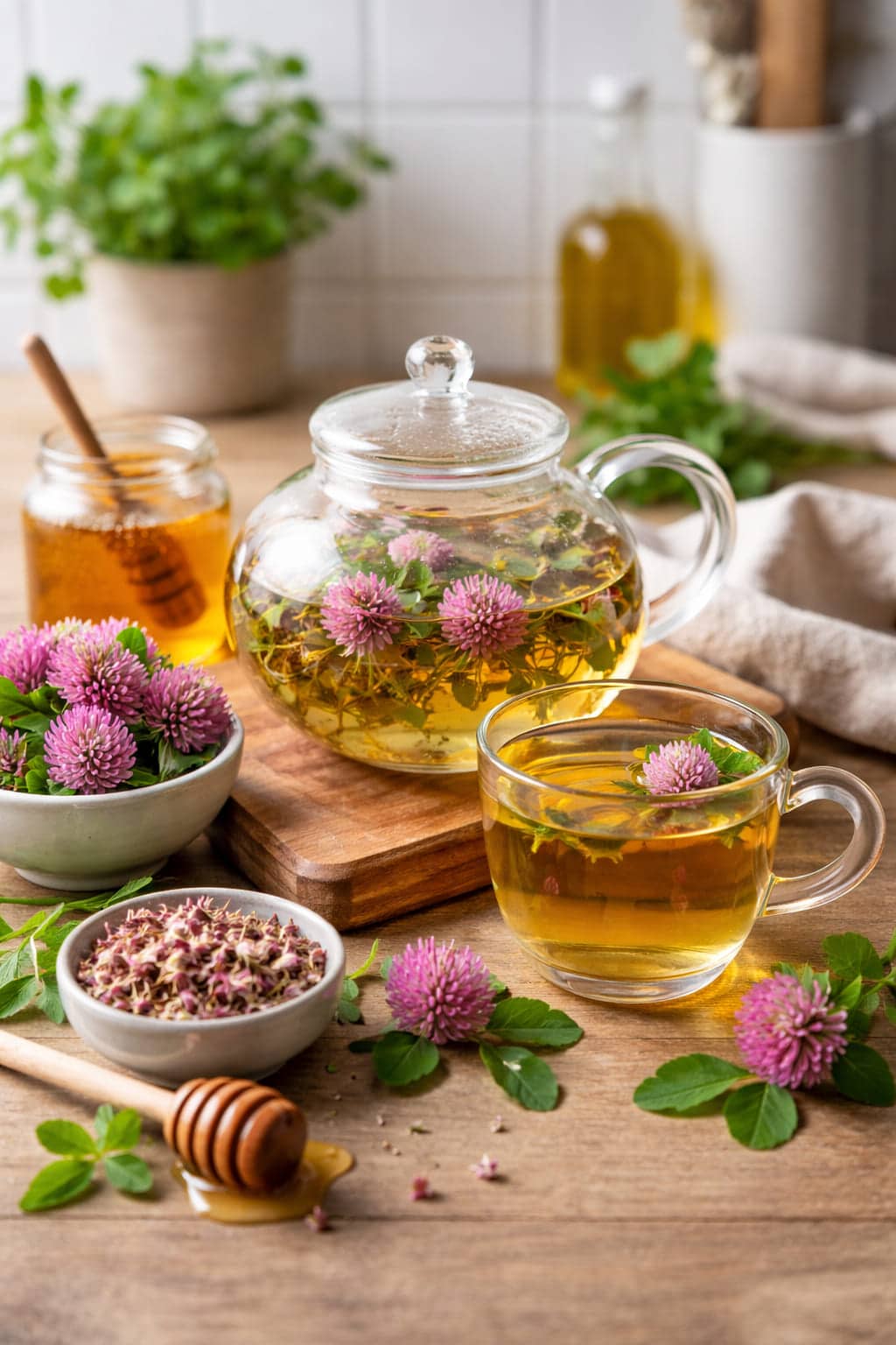 Rodeklaverthee in glazen theepot en kopje, bereid met bloeiende rode klaver in een Nederlandse keukenomgeving.