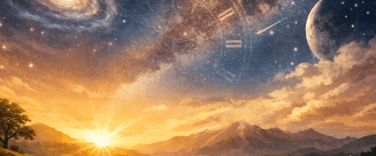 Landschap bij zonsopgang onder een sterrenhemel met melkwegstelsel en maan, als beeld van orde, tijd en schepping