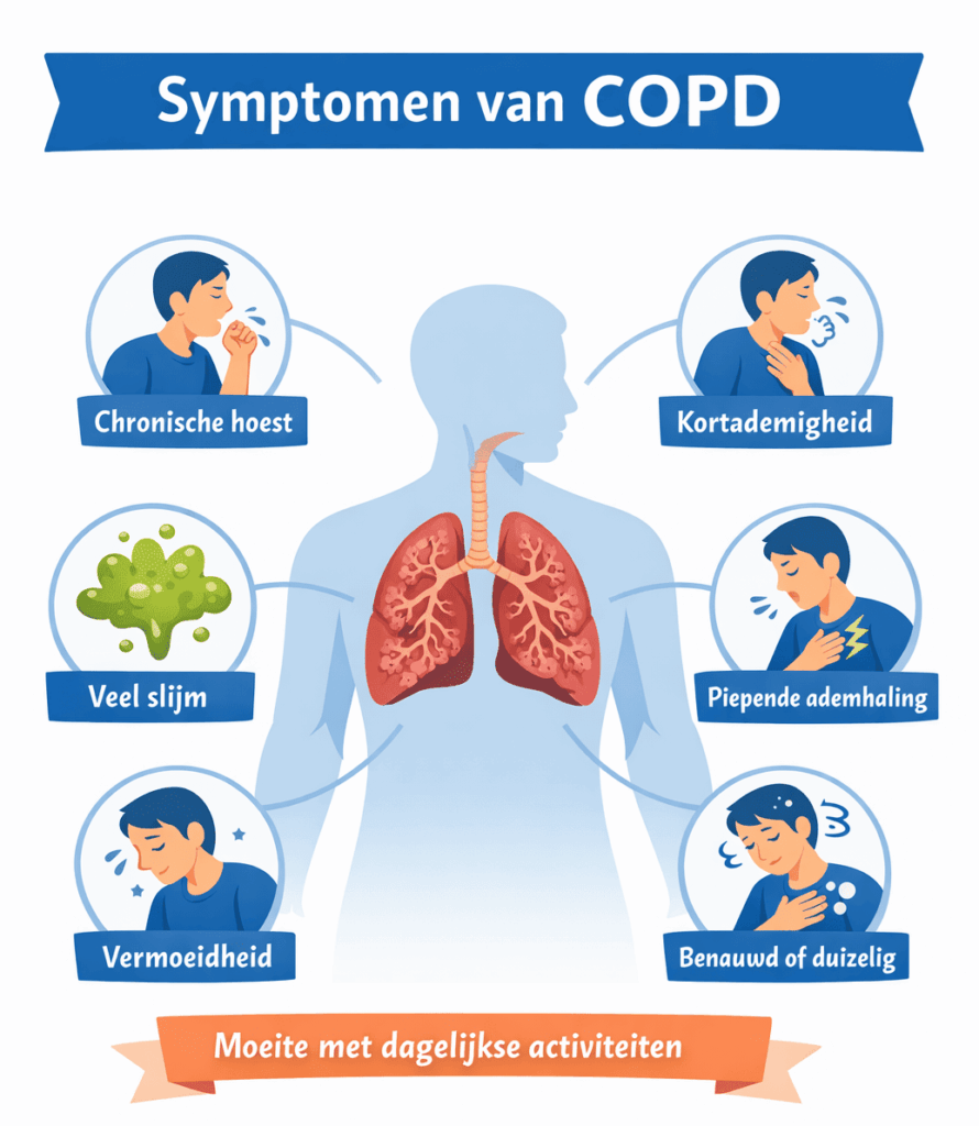 Infographic in het Nederlands met een silhouet en longen in het midden en pictogrammen rondom voor COPD-symptomen zoals chronische hoest, kortademigheid, veel slijm, piepende ademhaling, vermoeidheid en duizeligheid.