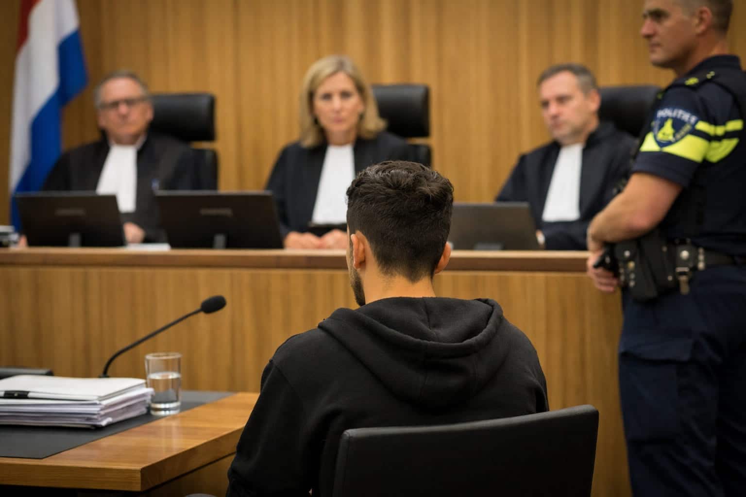Jonge Syrische man van 19 jaar staat terecht voor de rechter in een Nederlandse rechtbank, met rechters en politie op de achtergrond.
