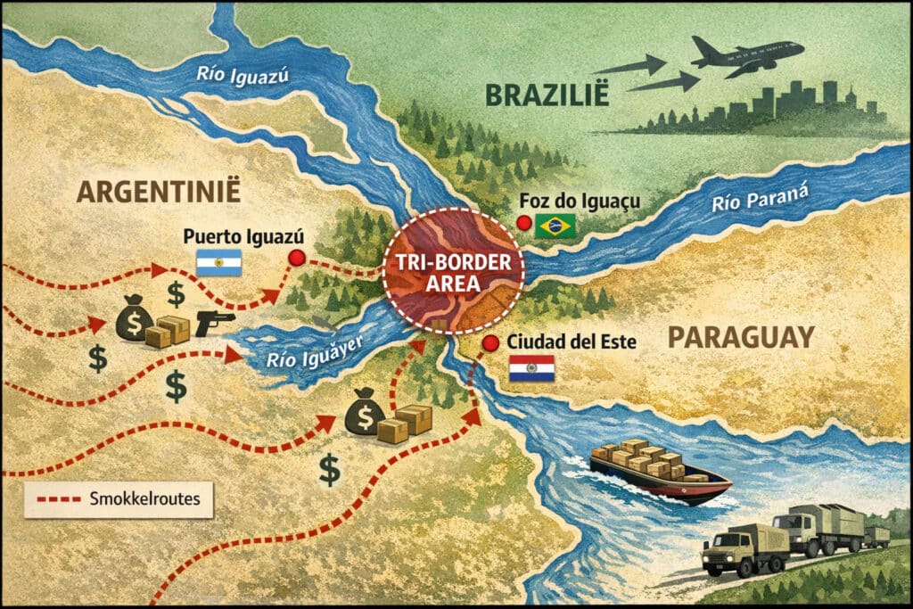 Kaart van de Tri-Border Area met Puerto Iguazú, Foz do Iguaçu en Ciudad del Este, bekend als regionaal witwas-knooppunt en doorvoerzone voor illegale geldstromen in Zuid-Amerika.