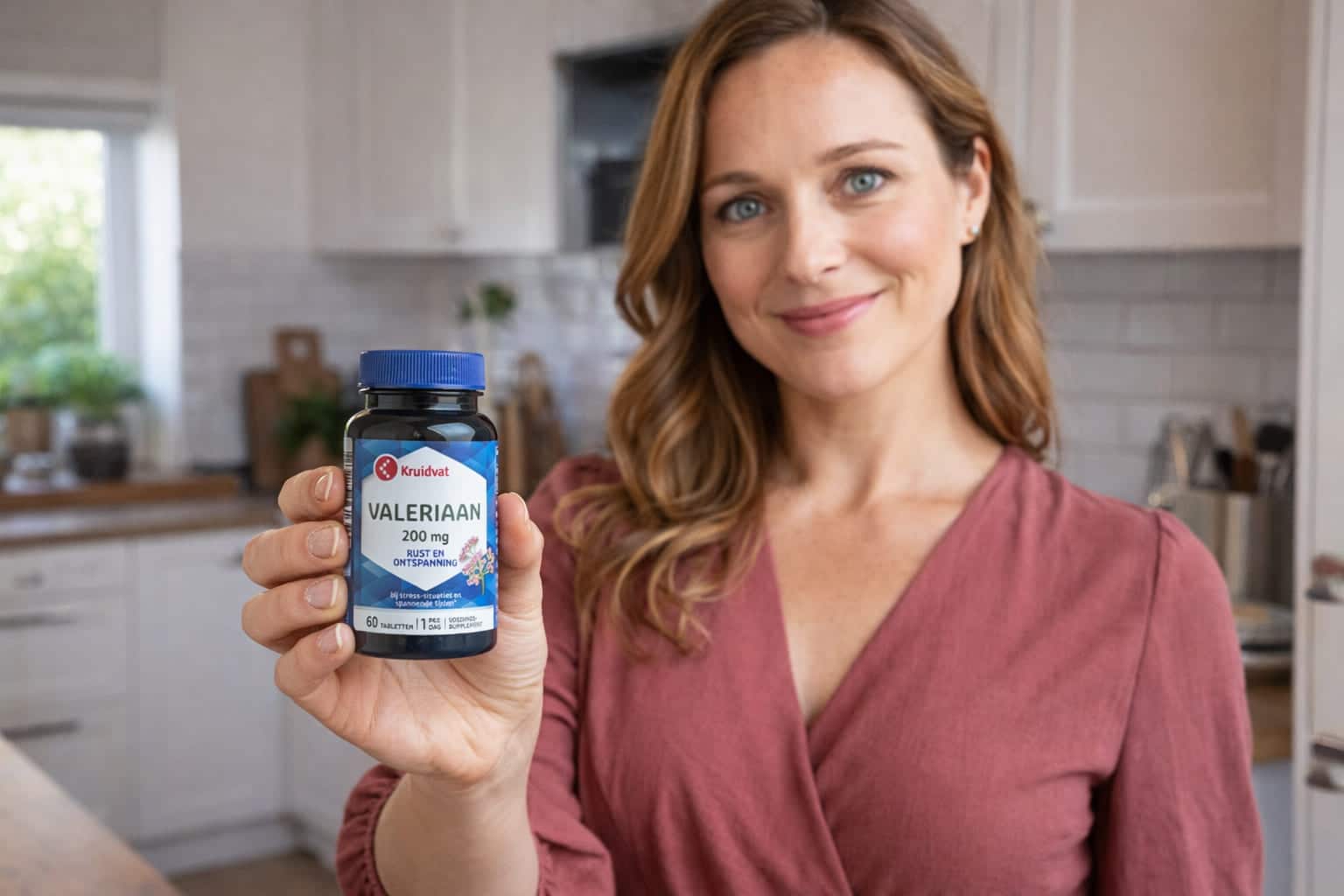 Vrouw in een moderne keuken houdt een potje valeriaan vast, natuurlijk supplement bij onrust en slaapproblemen.