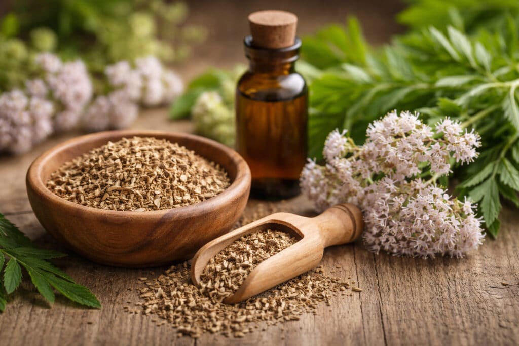 Valeriaanwortel met bloemen en tinctuurfles op houten ondergrond, rustgevend kruid gebruikt bij stress en slaapproblemen.