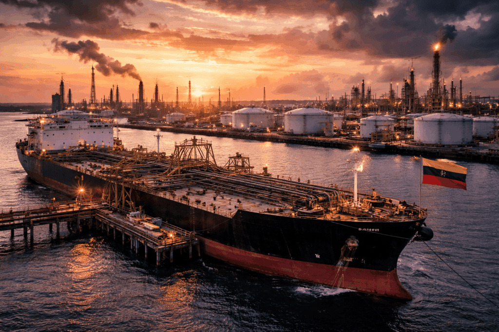 Brede foto van een olietanker die wordt geladen bij een Venezolaanse olieterminal tijdens zonsondergang, met opslagtanks, pijpleidingen en raffinaderij-installaties op de achtergrond.